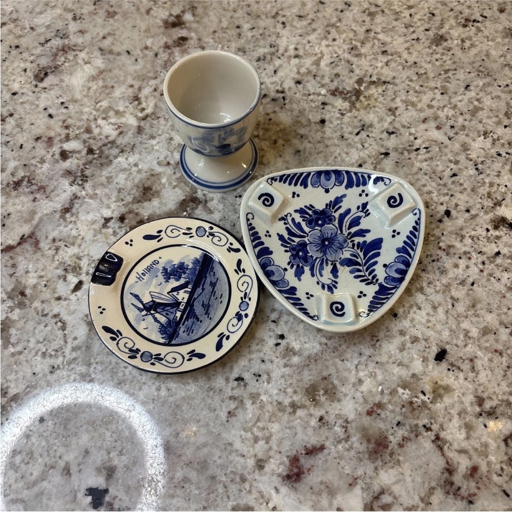 Hand-Painted Delft Blue Set with Windmill and Clog Design, Made in Holland